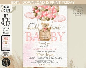 Bear baby shower invitation, bearly wait hot air balloon pink gold girl ivory flying vintage teddy bear balloons invite. Editable. 196HPA 06