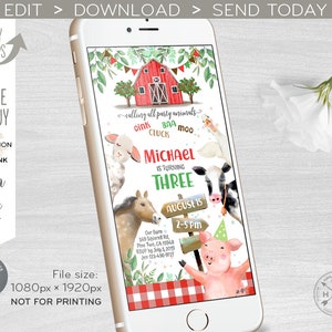 May include: A digital invitation for a farm-themed birthday party. The invitation features a red barn, a cow, a pig, a horse, and a goose. The text on the invitation reads "Calling all party animals! Oink, baa, moo, cluck. Michael is turning three. August 15, 2-5 pm. Our barn, 349 Squirrel Rd, Pine Ten, CA 15948. RSVP by July 3, 2019. Jen 123-456-9721."