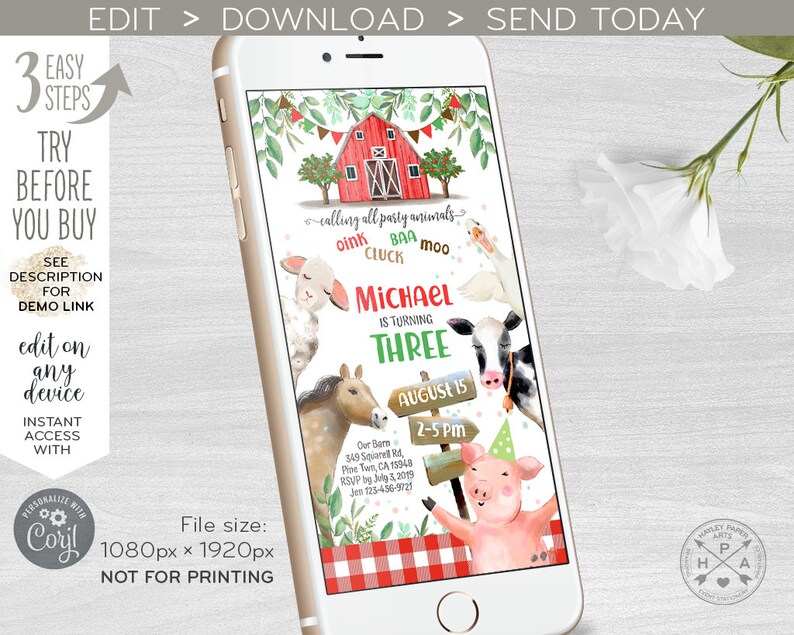 May include: A digital invitation for a farm-themed birthday party. The invitation features a red barn, a cow, a pig, a horse, and a goose. The text on the invitation reads "Calling all party animals! Oink, baa, moo, cluck. Michael is turning three. August 15, 2-5 pm. Our barn, 349 Squirrel Rd, Pine Ten, CA 15948. RSVP by July 3, 2019. Jen 123-456-9721."