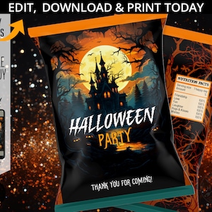 May include: A black and orange Halloween party favour bag featuring a spooky haunted house illustration and the text "Halloween Party". The bag has a nutrition facts label with a humorous list of ingredients such as "friendship", "love", and "laughter".
