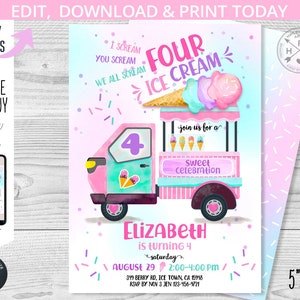 May include: A pink and blue ice cream van invitation for a 4th birthday party. The invitation features a cartoon ice cream van with a large number 4 on the side. The text on the invitation reads "Four Ice Cream" and "Join us for a Sweet Celebration". The invitation is 12.7 cm by 17.8 cm.