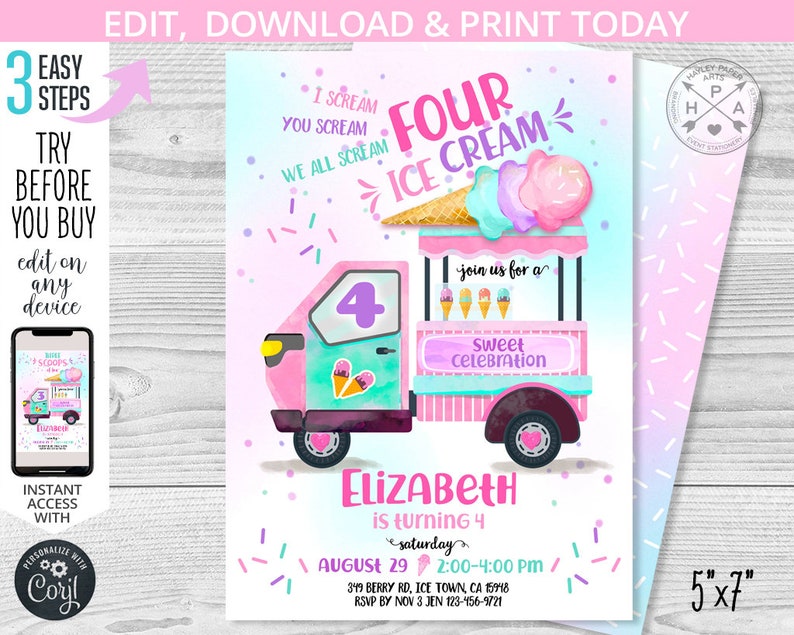 May include: A pink and blue ice cream van invitation for a 4th birthday party. The invitation features a cartoon ice cream van with a large number 4 on the side. The text on the invitation reads "Four Ice Cream" and "Join us for a Sweet Celebration". The invitation is 12.7 cm by 17.8 cm.