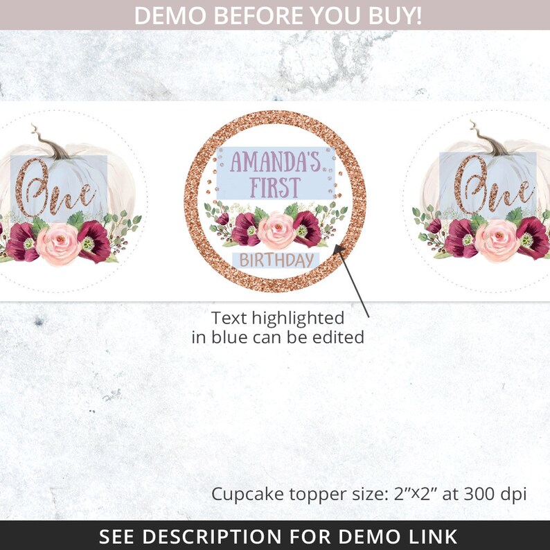 May include: A set of three cupcake toppers featuring a white pumpkin with a light blue background and the word "One" in gold glitter. The center topper features a rose gold glitter circle with the text "Amanda's First Birthday".