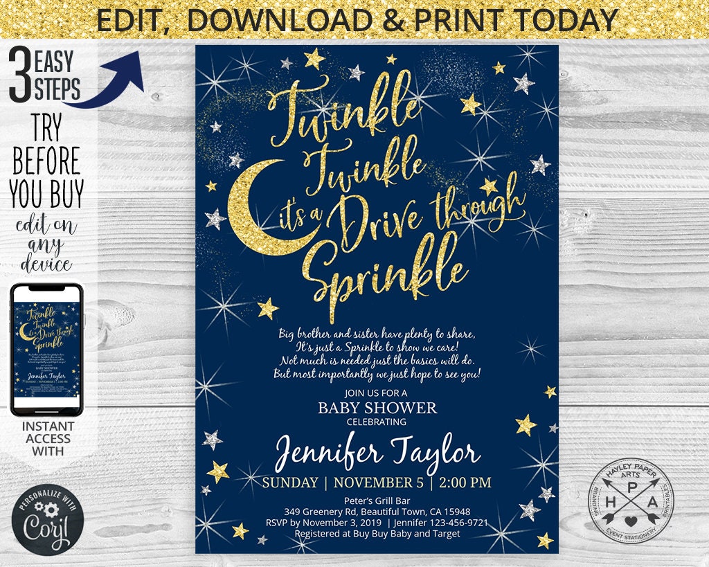 EDITABLE Drive through twinkle sprinkle baby shower poem navy Etsy