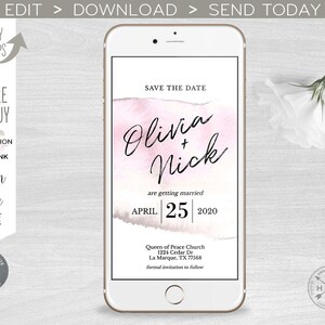 Elektronische Save the Date kalligrafische aquarel boho bruiloft script handgeschreven smartphone e-vite, sms uitnodiging. Directe download. 400 pk E20