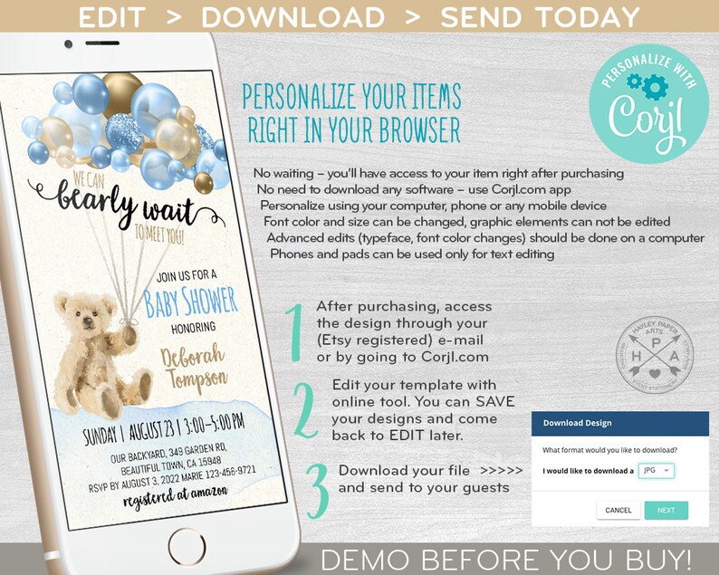 Bear Baby Shower Electronic Invitation Bearly Wait Balloons Etsy