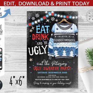 Ugly sweater invitation. Christmas party holiday eat drink and be ugly card. Blue sweater black background. Editable printable. 205HPA 22 B2