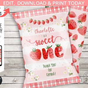 Strawberry sweet ONE first berry chips bag, party favor bags, fruit farm market, berries first birthday. Editable printable. 223HPA 30 A