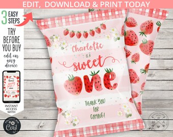 May include: Pink and red printable favor bag with a gingham pattern and a watercolor strawberry design. The bag says "Charlotte is a sweet one" and "Thank you for coming!"
