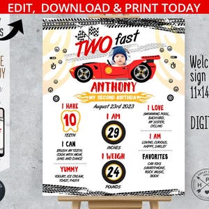 Rennwagen TWO Fast Stats Meilenstein Zeichen zum 2. Zweite Geschwindigkeit Rennräder Tafel Poster. Bearbeitbar bedruckbar. 197HPA 08 F