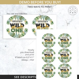 May include: Six printable labels featuring a jungle theme with green leaves and gold animal silhouettes. The text on the labels reads "Johnatan's Wild One".