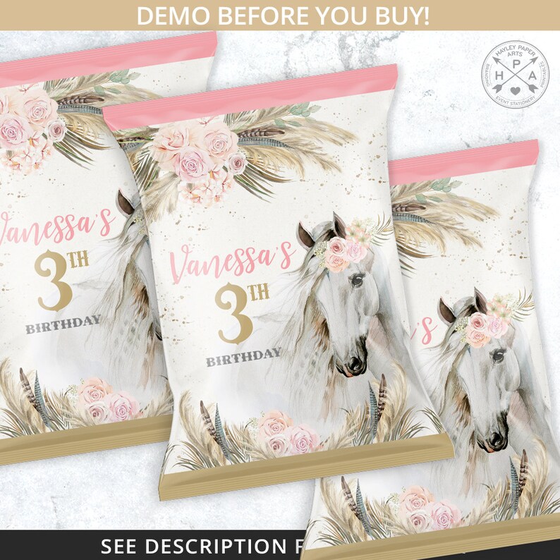 May include: Pink and gold chip bags with a white horse and floral design. The bags say "Vanessa's 3rd Birthday".