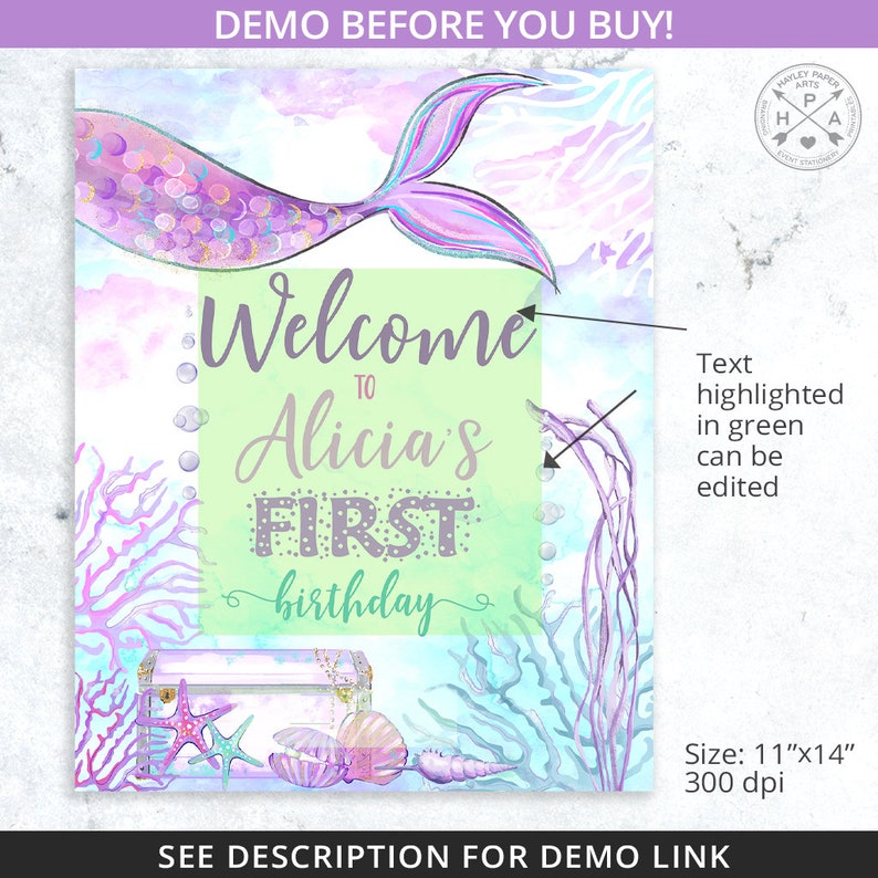 May include: A printable mermaid-themed first birthday party sign with a purple mermaid tail, a green welcome sign with the text "Welcome to Alicia's First Birthday", and a treasure chest with seashells and starfish. The sign is 11 inches by 14 inches and 300 dpi.