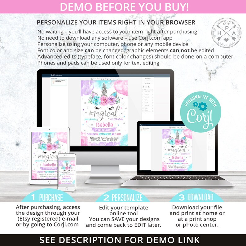 May include: A digital invitation template for a unicorn-themed birthday party. The invitation features a watercolor-style illustration of a unicorn with a pink and blue background. The text on the invitation reads "Magical Celebration for Isabella is Turning One".