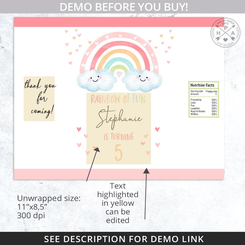 May include: A printable party invitation featuring a rainbow, clouds, and the text "Rainbow of Fun Stephanie is turning 5". The invitation is designed in pink, yellow, and blue colors.