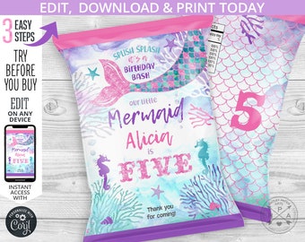 Mermaid chips bag, snacks treat bags, chip pouch, wrapper, under the sea, purple aqua, any age birthday party editable template. 060HPA 17 D