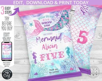 Mermaid chips bag, snacks treat bags, chip pouch, wrapper, under the sea, purple aqua, any age birthday party editable template. 060HPA 17 D