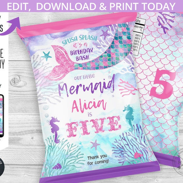 Mermaid chips bag, snacks treat bags, chip pouch, wrapper, under the sea, purple aqua, any age birthday party editable template. 060HPA 17 D