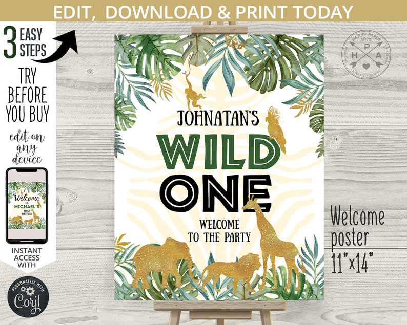 May include: A welcome sign for a first birthday party with a jungle theme. The sign is white with green and gold accents. It says "Johnatan's Wild One" and "Welcome to the Party".