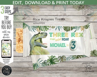 May include: Printable Rice Krispies treat wrapper featuring a green dinosaur with the text "Three Rex Stomp Chomp Roar Michael is 3" and a green, white, and yellow jungle leaf design. The wrapper is 5 inches by 6 inches and prints 2 per page.