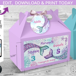 Meerjungfrauen gemeinsame Geburtstag Giebel Geschenkbox Etiketten. Doppelt Party. Lila Türkis Aqua Meer Griff Bevorzugung Takeway Etikett Bearbeitbar printable. 060HPA 28 J
