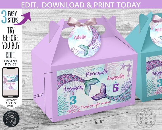 Mermaids joint birthday gable gift box labels. Double party. Purple teal aqua sea handle favor takeway label Editable printable. 060HPA 28 J Il_570xn
