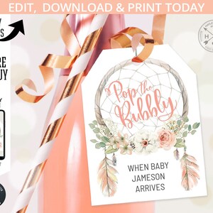 EDITABLE Pop the Bubbly dreamcatcher mini champagne bottle tag baby shower pink. Instant access to template. Edited by you. 202HPA 04 003HPA