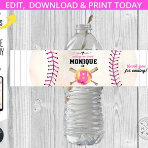 Softball Wasserflasche Etikett Geburtstag Sport Spiele Party. Softball Mädchen Baseball jedes Alters Flaschen Wrapper. Bearbeitbares Design. 179HPA 12 B