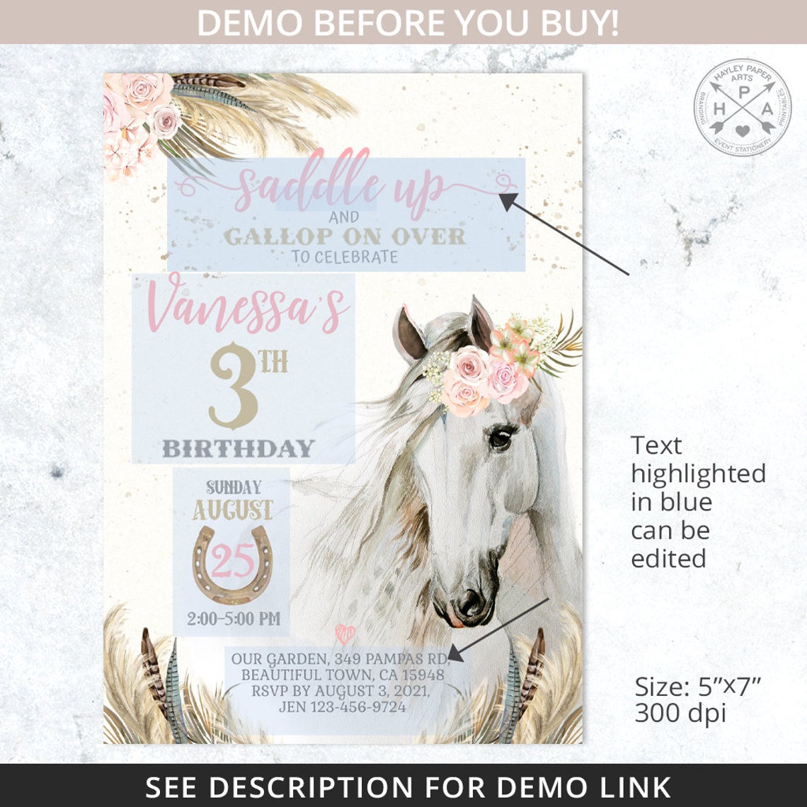 Horse Cowgirl Birthday Invitation Party Floral Girl Pony - Etsy