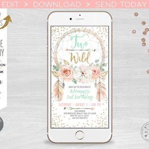 Two wild third birthday dreamcatcher electronic invitation blush pink smartphone e-vite, digital invite. Selfediting 400HPA E035 04 035HPA