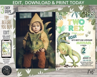 Two Rex dinosaur second birthday invitation T-Rex boy 2nd dino party dino-mite dino green roar birthday card. Editable printable. 141HPA 02