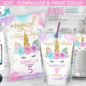 May include: Printable party favor labels featuring a unicorn with a gold horn and flowers. The labels are designed for chips bags, juice bags, and water bottles. The labels are pink, purple, and blue with gold glitter accents. The text on the labels reads "magical birthday celebration" and "Isabella's 5th birthday".