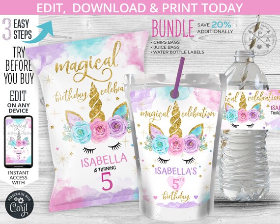 BUNDLE Unicorn magical chip and juice bag, snacks treat bags, water bottle label, chips pouch, favors, any age, editable template. 046HPA 20 Il_570xn