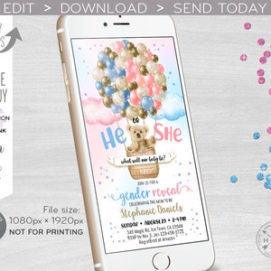 Bear balloons gender reveal baby electronic shower party hot air balloon invitation he she smartphone e-vite digital invite. E195 01 195HPA image 5
