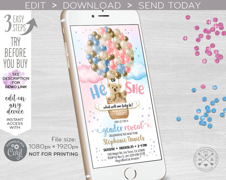 Bear balloons gender reveal baby electronic shower party hot air balloon invitation he she smartphone e-vite digital invite. E195 01 195HPA image 5