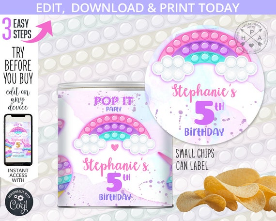 Pop it fidget toys mini chips can label bubble rainbow birthday purple pastel pink girl party. Self editable online template. 175HPA 18 B Il_570xn