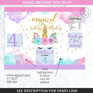 May include: A printable party favor tag featuring a unicorn with a gold horn and flowers. The tag is decorated with a watercolor background in shades of pink, purple, and blue. The text "magical birthday celebration" is written in a whimsical font. The tag also includes the text "thank you for coming!" and a nutrition facts section with fun facts like "friendship 100%".