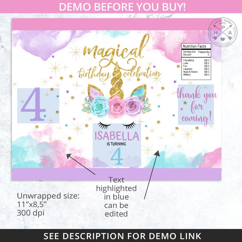 May include: A printable party favor tag featuring a unicorn with a gold horn and flowers. The tag is decorated with a watercolor background in shades of pink, purple, and blue. The text "magical birthday celebration" is written in a whimsical font. The tag also includes the text "thank you for coming!" and a nutrition facts section with fun facts like "friendship 100%".
