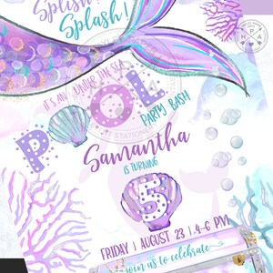 May include: A purple and teal mermaid-themed invitation for a pool party. The invitation features a mermaid tail, seashells, and the text "It's an Under the Sea Pool Party Bash". The invitation also includes the name "Samantha" and the number "5" in a seashell.