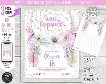 Time Capsule purple dreamcatcher baby girl birthday sign message card. Editable printables. Customized by you. 109HPA 10
