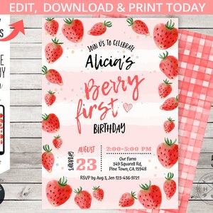 Fraise première invitation baie ONE baies fruits de printemps fille fraises invitations de fruits du marché de la ferme. Imprimable modifiable. 223HPA 04