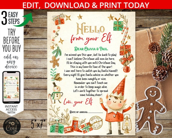 Elf arrival letter. Elf return letter. Elves Christmas card. Elf boy I'm back North Pole mail Santa Claus. Editable printable. 205HPA 04 D Il_570xn