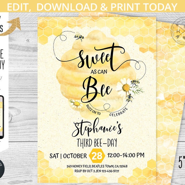 Sweet as can Bee birthday little honey any age party invitation bee-day yellow bumble bees beehive honeycomb EDITABLE template. 059HPA 04