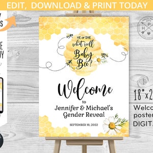 Él o ella Baby Bee cartel de bienvenida 18x24 bebé género revela ducha miel abejorro entrada libro de visitas cartel. Plantilla editable. 049HPA 18K