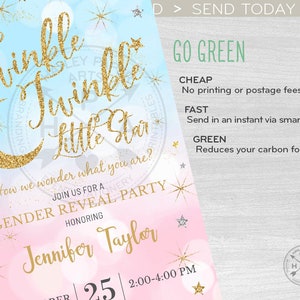 Twinkle twinkle little star gender reveal party electronic baby shower pink blue gold invitation smartphone e-vite. 400HPA E009 05 009HPA image 4