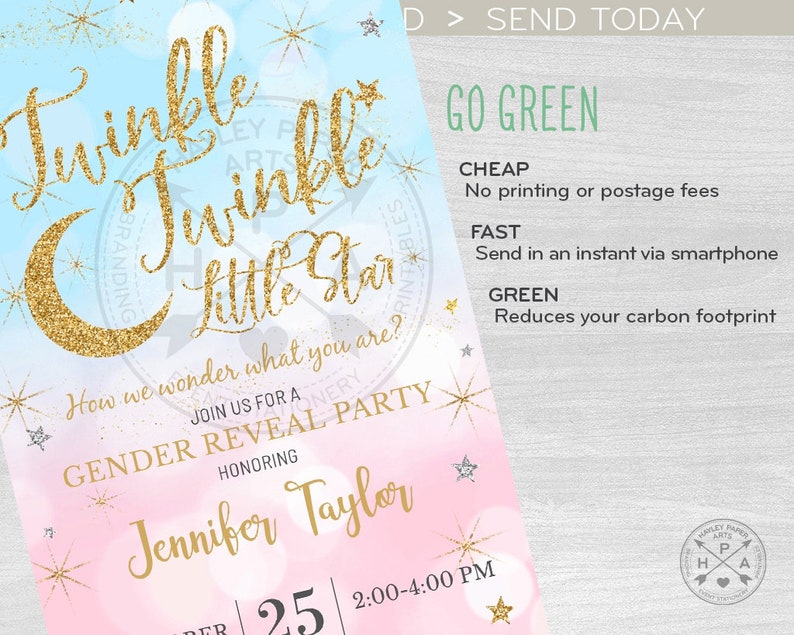Twinkle twinkle little star gender reveal party electronic baby shower pink blue gold invitation smartphone e-vite. 400HPA E009 05 009HPA image 4