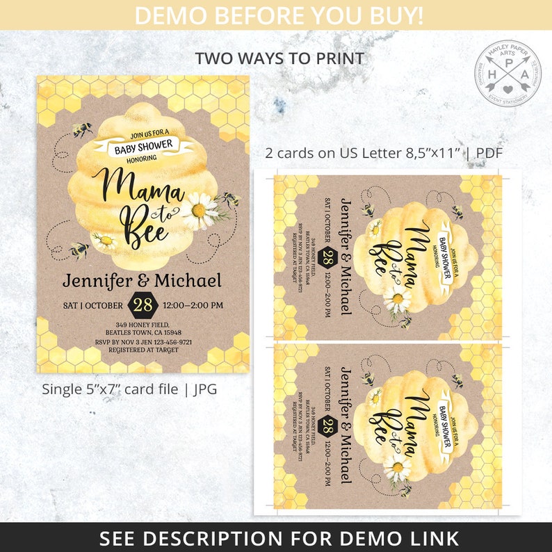 May include: A baby shower invitation with a honeycomb pattern background. The invitation features a yellow honeycomb with the text "Mama to Bee" and a bee illustration. The invitation is for Jennifer and Michael and is set for October 28th from 12:00 to 2:00 PM. The invitation includes the address, RSVP information, and registry information.