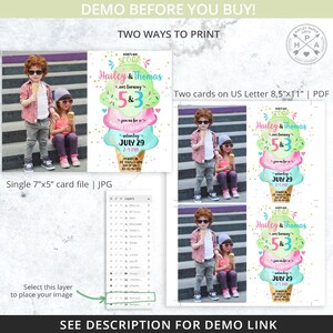 May include: A printable invitation for a birthday party with an ice cream cone theme. The invitation features a colorful ice cream cone with the text "It's the Scoop Hailey & Thomas are turning 5 & 3" and "Join us for a sweet celebration Saturday July 29 2-5 PM".