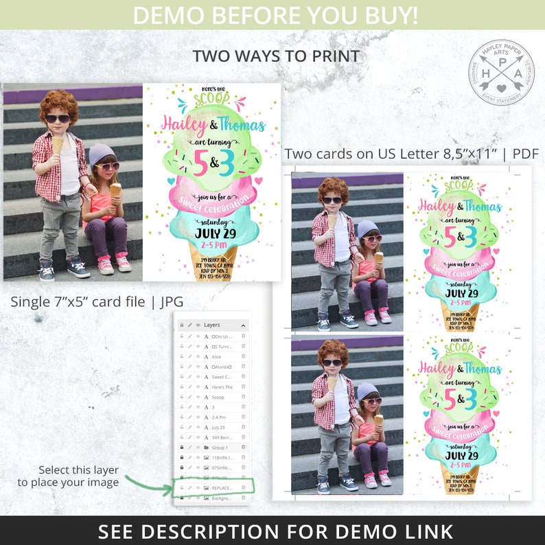 May include: A printable invitation for a birthday party with an ice cream cone theme. The invitation features a colorful ice cream cone with the text "It's the Scoop Hailey & Thomas are turning 5 & 3" and "Join us for a sweet celebration Saturday July 29 2-5 PM".