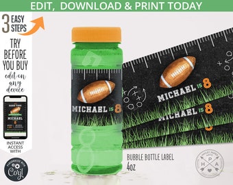 Football birthday bubble bottle label sports games boy party favor wrapper gridiron any age ball all stars. Editable printable. 217HPA 19 D